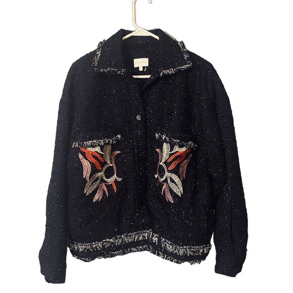 Foxiedox Anthro Metallic Navy Blue Floral Embroidered Fringe Jacket Women SZ 4 - Picture 1 of 10